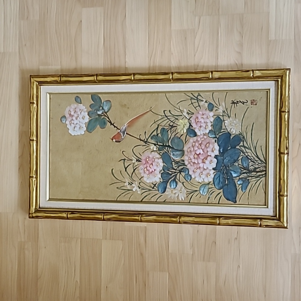 Vintage Chinese Panel Watercolor Painting Red Birds & Flowers Signed